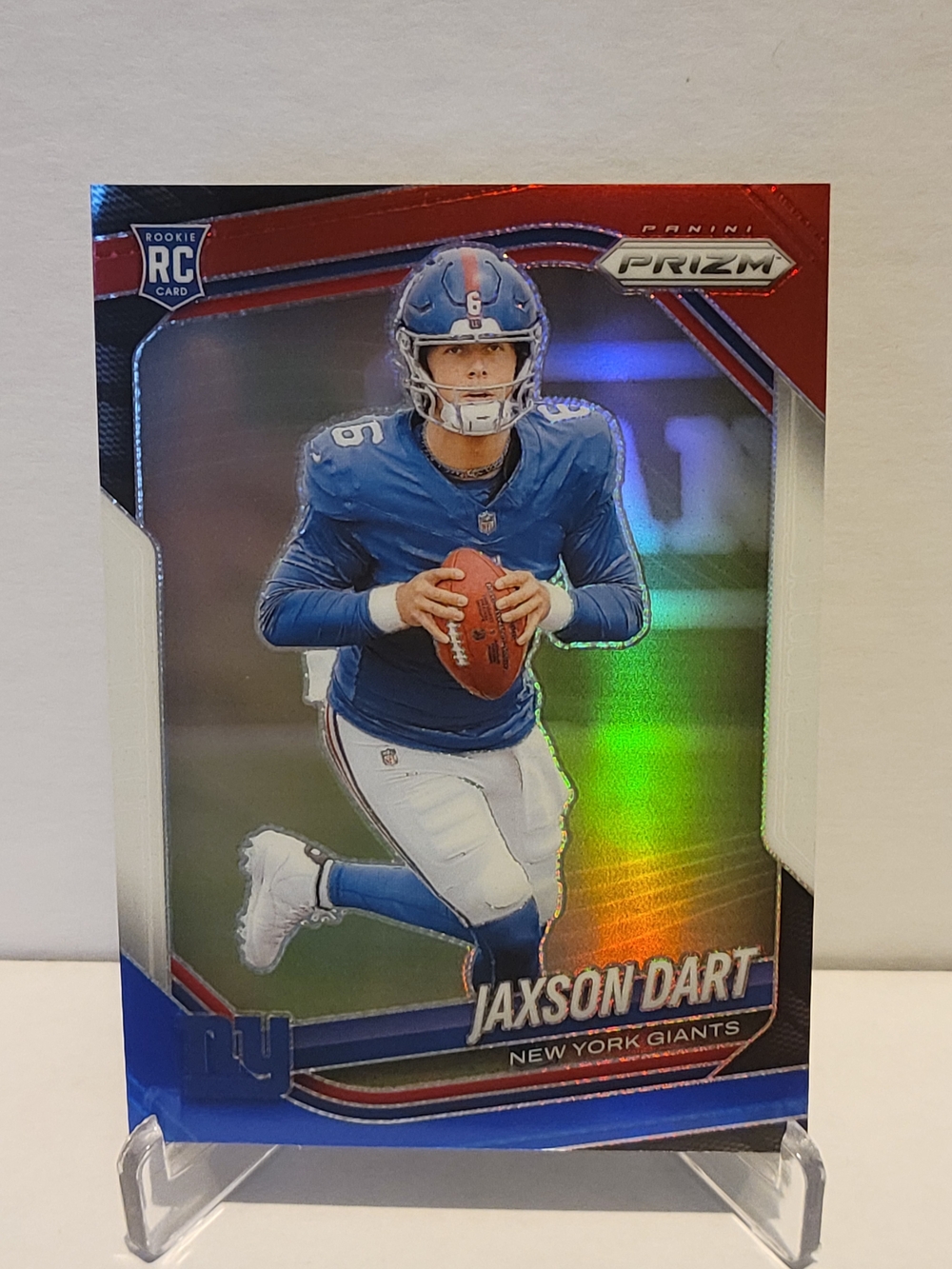 Panini Prizm Jaxson Dart RC Football Card - Red, White and Blue.